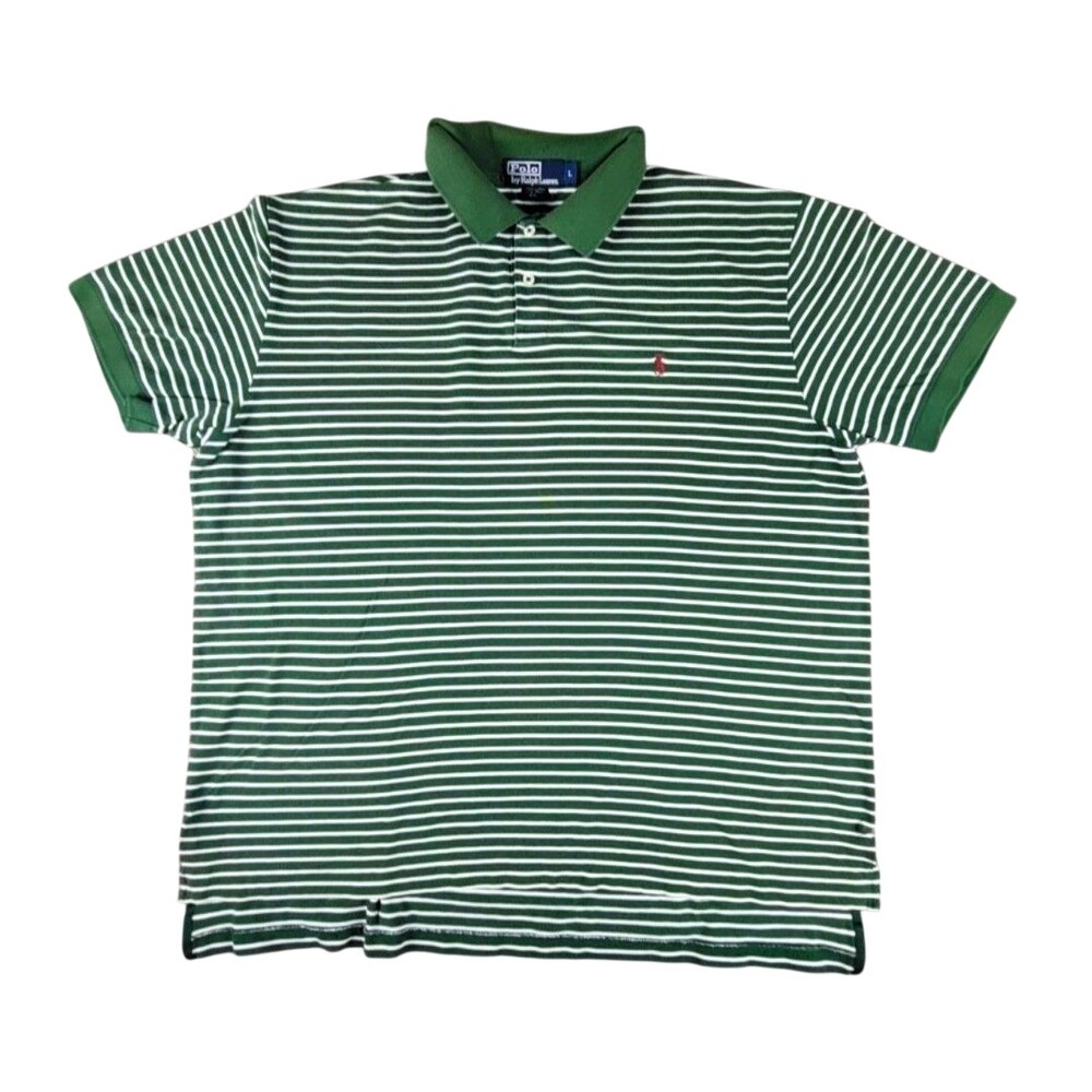 Polo By Ralph Lauren Polo Shirt Mens Large Green Stripe Pima Cotton Knit FLAWS